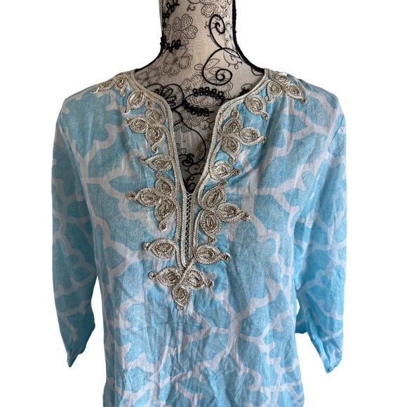 ROBERTA ROLLER RABBIT Blue Gold Scroll Detail Tunic Blouse Size Small - Picture 3 of 6